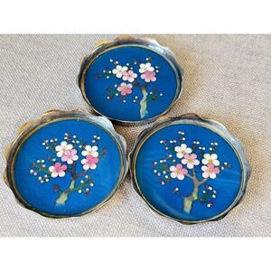 Vintage S Inaba Kyoto Coasters Cherry Blossom Cloisonné  Blue Pink -Japan Set 3